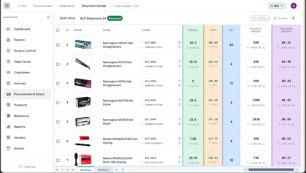 Shipment Details & Landed Cost Breakdown — Real-time Item Weight & Currency Apportionment